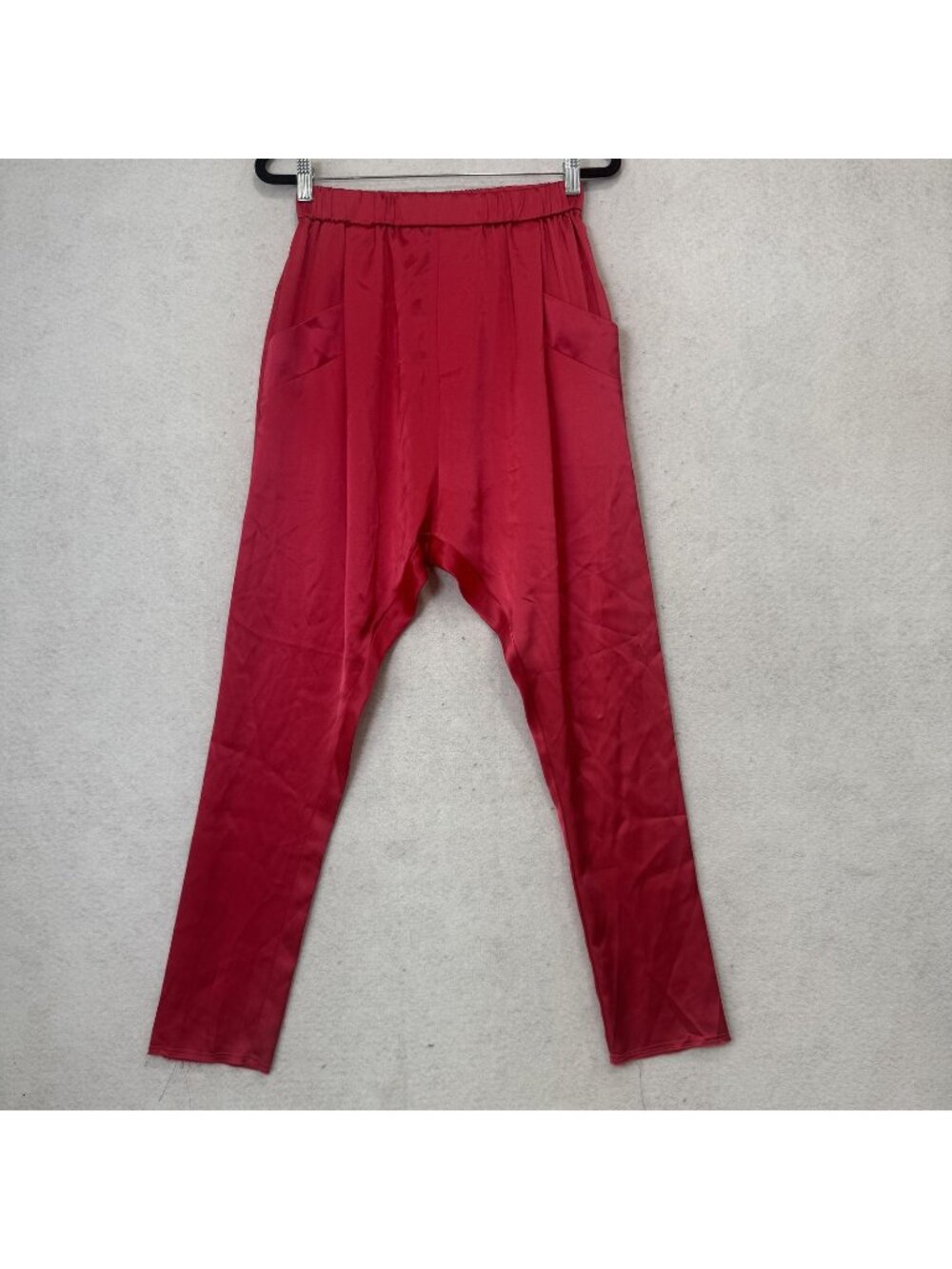 Baja East Pants Womens Medium Red Satin Harem Elastic Waist Pockets Lightweight